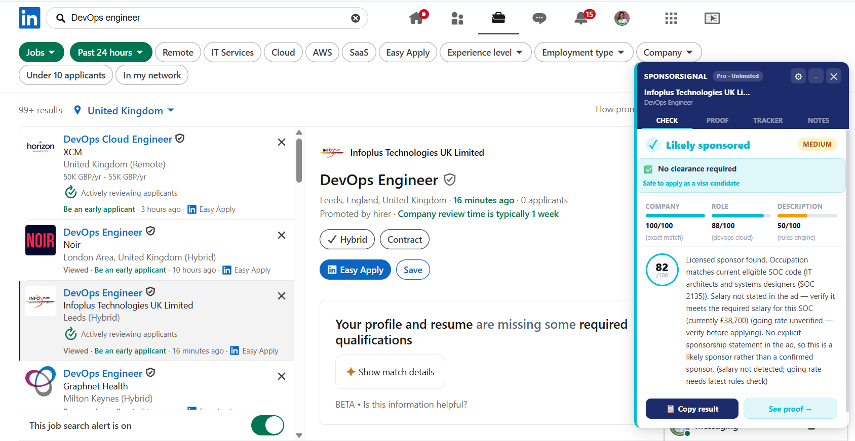 SponsorSignal extension running on LinkedIn showing Likely Sponsored result